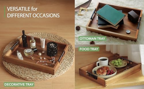 Joy&Grace Acacia Wood Ottoman Tray with Handles 16.7" x 12.8"