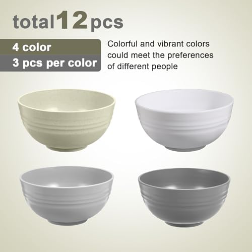 12 Pcs Unbreakable Cereal Bowls Set, 26 Oz Wheat Straw Bowls Set, Microwave & Dishwasher Safe Bowls for Kitchen, Reusable Plastic Bowls for Soup, Salad and Snack, BPA Free, Multicolor