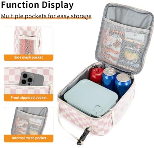Lunch Box for Women Men Adult Insulated Lunch Bag Women Men Small Reusable Lunchbox for Work Picnic Travel (Beige-Pink Plaid)