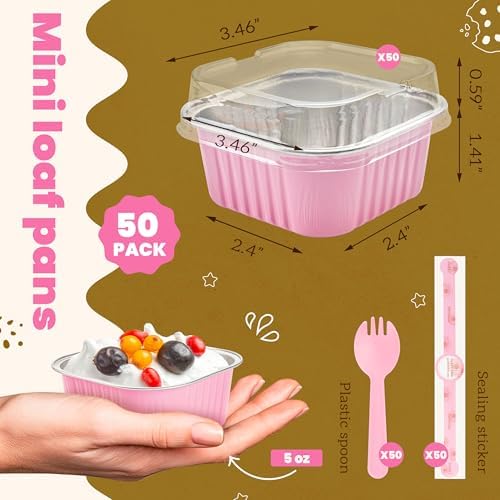 NPLUX Mini Cake Pans with Lids, 50 Pack Pink 5oz for Picnic Desserts