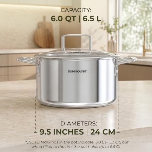 SUNHOUSE 6 QT Fully Clad Tri-ply Stainless Steel Stock Pot with Glass Lid