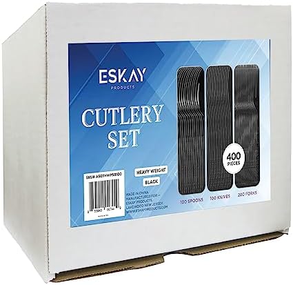 Heavy Weight Plastic Silverware Set - 200 Forks, 100 Knives, 100 Spoons - Disposable Cutlery Combo (Black)