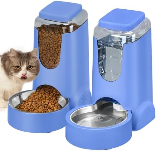 HWONMTE Portable Automatic Cat Feeder and Water Dispenser with Stainless Steel Bowl Dog Gravity Food Feeder and Waterer for Small Medium Pets Puppy Kitten 1 Gallon x 2 (Sapphire Blue)