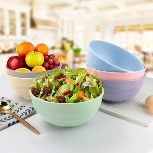 Large Soup Bowls 60oz, Unbreakable & Stackable Wheat Straw Bowls Sets of 6, Large Serving Bowl for Ramen, Popcorn, Salad, Pho, Microwave Safe Kitchen Bowls for Camping, Dorm, Party - Colorful