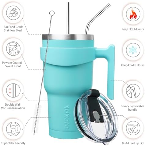 BJPKPK 30 oz Tumbler with Handle & Straw, Insulated Stainless Steel Mug
