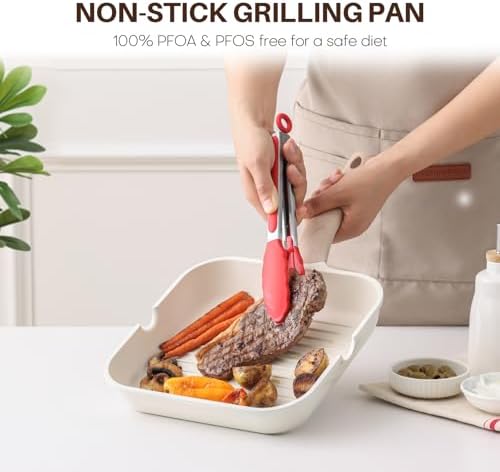 Kordisen Nonstick Grilling Pan with Lid for Stove Tops, 9.5 Inch Square Grill Pan for Indoor Cooking, Healthy Coating Grill Skillet with Pour Spouts, Versatile Griddle, Induction Steak Pan, White