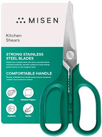 Misen Heavy Duty Kitchen Shears - Comfortable Ambidextrous Scissors for Meat, Poultry, Herbs & More - Easy to Clean - German Stainless Steel - Small | Green
