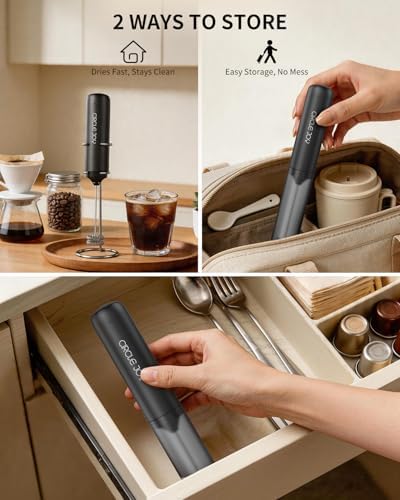 CIRCLE JOY Rechargeable Milk Frother Handheld with Stand, Dual Coil Whisk Head Electric Coffee Frother, Portable Hand Frother Wand Drink Mixer for Matcha Lattes Cappuccino, Kitchen Gifts, Black