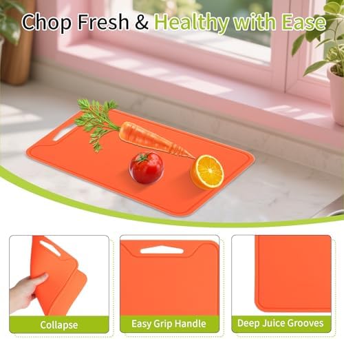 Flexible Plastic Cutting Boards for Kitchen, 11.8''x 8.6'' Silicone Cutting Board, BPA Free Non Slip Cutting Mat for Meat, Vegetables and Fruit with Easy Grip Handle, Dishwasher Safe (Orange)