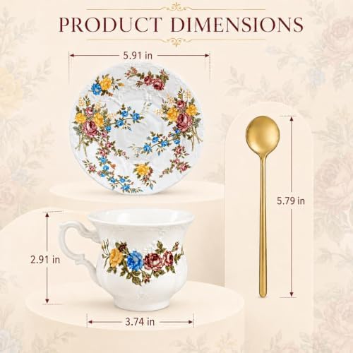 Floral Tea Cup and Saucers, 8 Oz Vintage Ceramic Tea Cup Set