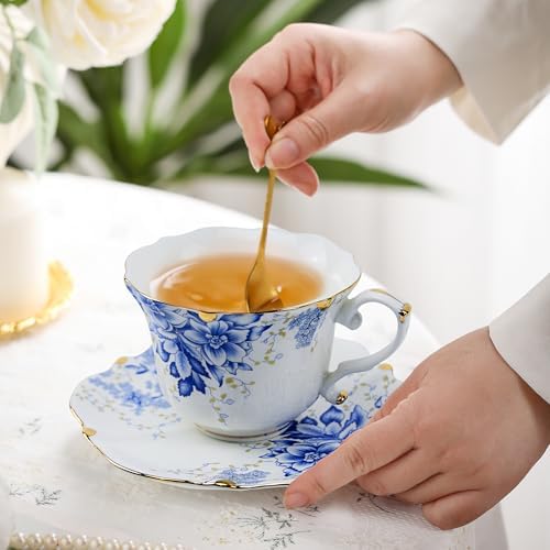 Country Roses Porcelain Tea Cup and Saucer Set with Gold Trim, Vintage Style, For Women and Tea Parties (1, Blue)