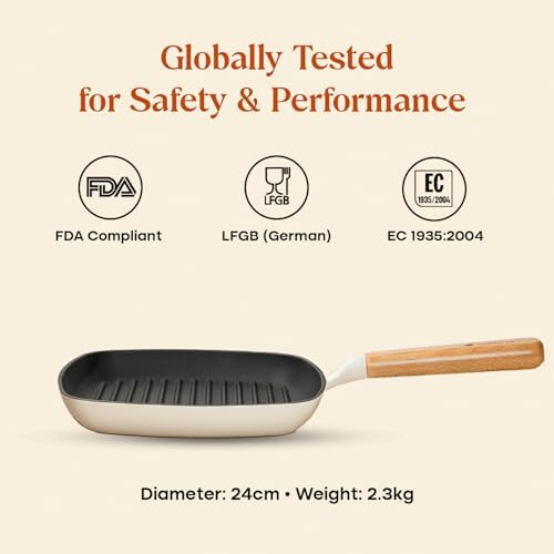 CUMIN CO. Enameled Cast Iron Grill Pan 10 Inch, 1.2 QT Grill Skillet – Non Toxic PFAS Free Cookware – Indoor Grill Pan for Steak, Chicken, Burgers & Vegetables – Induction & Oven Safe (White)