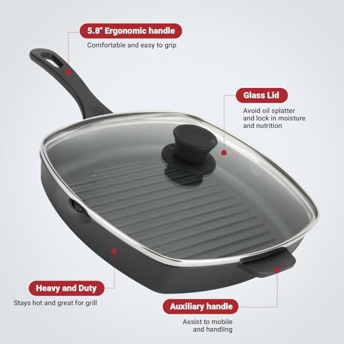 Northriver Casting 10.5 Inch Cast Iron Square Grill Pan with Tempered Glass Lid, Heavy Steak & Bacon Pans for Stove Tops