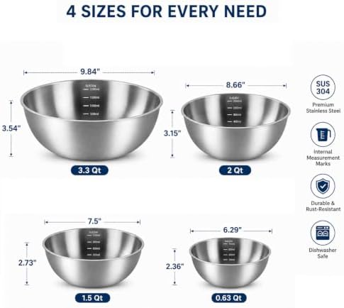 Stainless Steel Mixing Bowls Set of 4 - 9.84", 8.66" , 7.5" & 6" Metal Mixing Bowls, 3.3 Qt, 2 Qt, 1.5 Qt & 1Qt Stainless Steel Salad Bowls, 304 Stainless Steel Bowl for Kitchen, Baking, and Meal Prep
