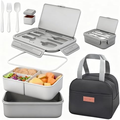 Bento Lunch Box for Adult & Kids, 1100ml Stackable Leak Proof Grey