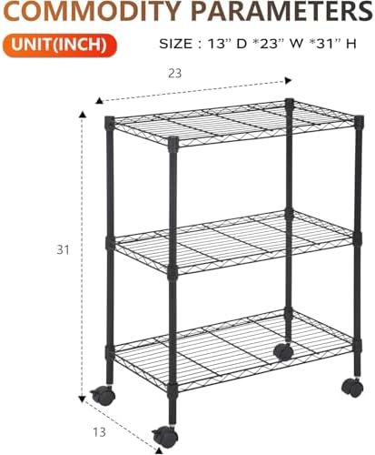 BestOffice | 3-Tier Wire Shelf with Wheels | 23" x 13" x 31" | Black