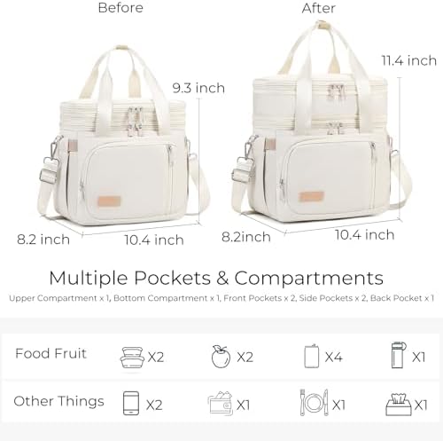 MAPLELILY Lunch Box for Men Women - Double Deck Insulated Lunch Bag, Large Leak Proof Tote Cooler, Wide Open Dual Compartment Lunch Bags with Shoulder Strap, For Work Picnic Hiking Beach, Beige