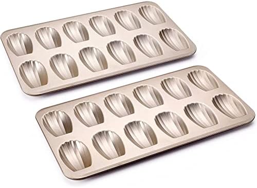 HONGBAKE Nonstick Madeleine Pan 2 Pack 12-Cavity Heavy Duty Madeleine Cookies Trays for Oven Baking, Warp Resistant Shell Shape Madeleine Mold Cake Pan, Champagne Gold