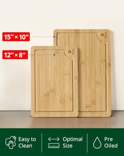 ROYAL CRAFT WOOD Wooden Cutting Boards for Kitchen Meal Prep & Serving - Bamboo Wood Serving Board Set with Deep Juice Groove Side Handles - Charcuterie & Chopping Butcher Block for Meat
