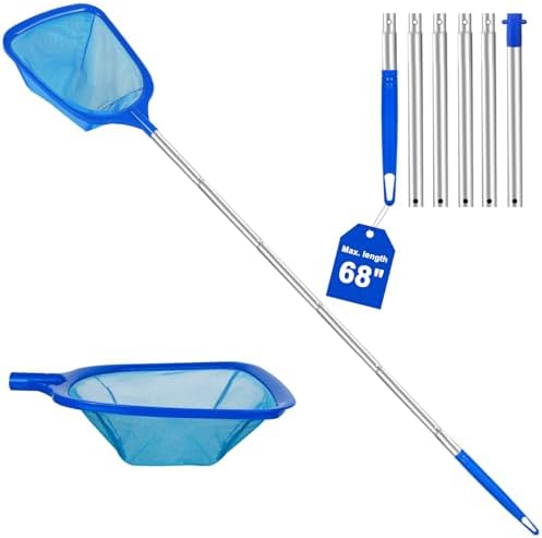 Pool Skimmer Net with Telescopic Pole – Fine Mesh for Leaves, Dust, Debris – Lightweight Safe-Edge Extendable 2.6–5.7 ft Aluminum Handle for Pools, Spas, Hot Tubs, Ponds & Garden Water