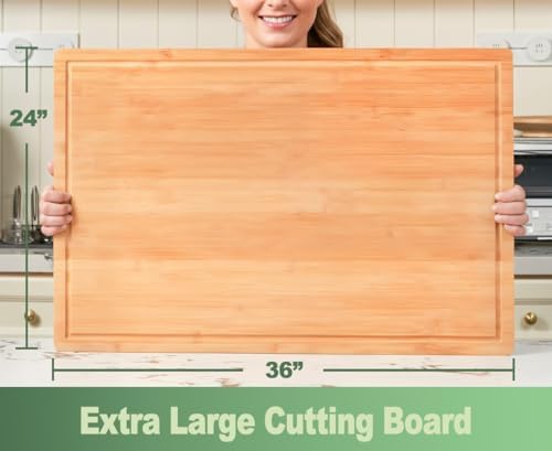 Allsum 36x24" Bamboo Cutting Board for Kitchen, Extra Large Wood Stove Top Cover, Noodle Board over Sink, Charcuterie Cheese Serving Tray with Side Handles and Juice Grooves