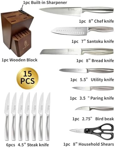 15-Piece Kitchen Knife Block Set, High-Carbon Stainless Steel Knives, Self-Sharpening Wooden Block, Premium Cutlery Set with Ergonomic Handle (Wooden, 15-pcs)