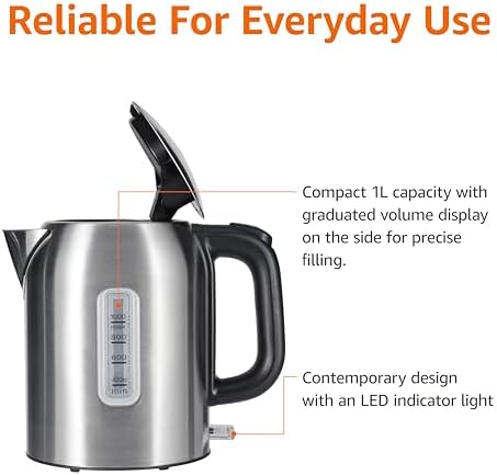 Amazon Basics Electric Kettle, Tea Kettle & Water Boiler with Auto Shut-Off, Boil Dry Protection, Strix Thermostat, BPA-Free, 1500W, 1.1Qt (1L), Stainless Steel, New Model, Black & Silver