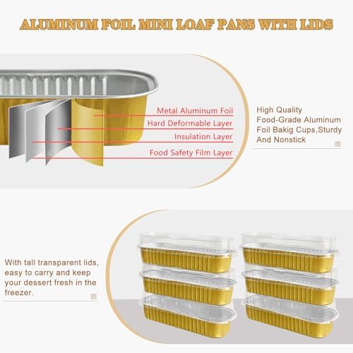 100 Pack Mini Cake Pans with Lids and Spoons, Mini Loaf Baking Pans 6.8oz, Small Disposable Aluminum Foil Loaf Pans, Rectangular Baking Containers for Party and Picnics, Cheesecake Pans (Gold)