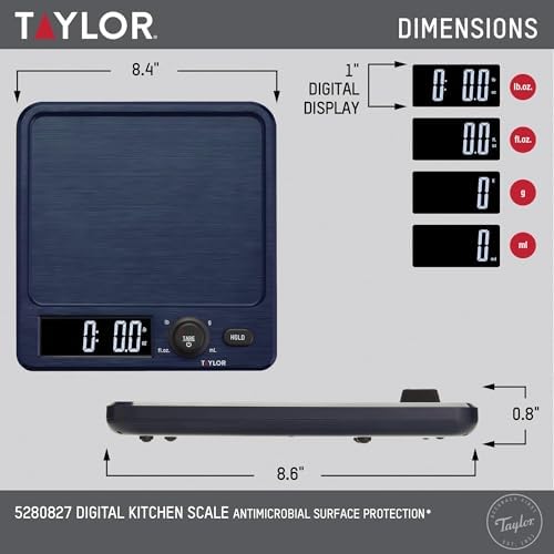 Taylor Digital Kitchen Scale with Antimicrobial Surface Plastic Body Weighs Up to 11 pounds Capacity with Hold and Tare Functions and Backlight