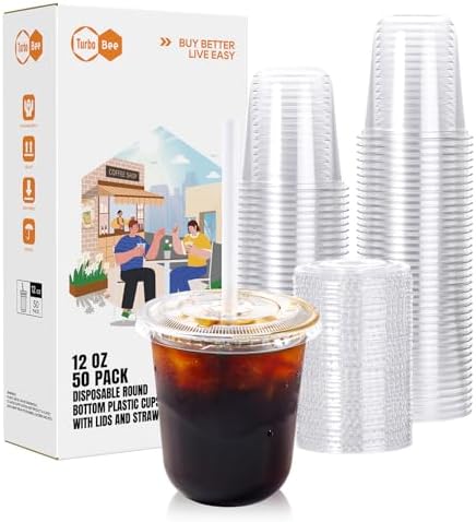 Turbo Bee Disposable Plastic Cups with Lids and Straws, 12 OZ, 50 Pack