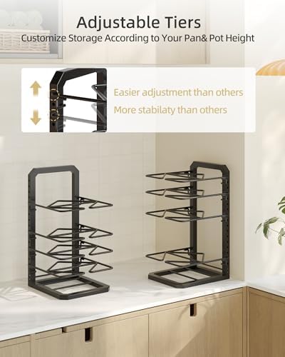 Pots and Pans Organizer under Cabinet, 5 Adjustable Tiers Heavy-Duty Pan Pot Organizer with 16.5" Height, Holds 55 LB - Cast Iron Skillets, Griddles, Shallow Cookware