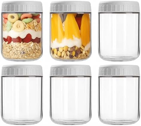 Overnight Oats Containers with Lids, 16oz Wide Mouth Mason Jars with Lids, 6 Pack Glass Jars with Airtight lid for Chia Pudding Yogurt Salad, Meal Prer Oatmeal Jars, Gray