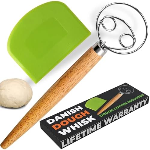 BOORIKA Danish Dough Whisk – Sourdough Mixing Tool with Dough Scraper. Danish Whisk for Baking, Mixing Thick Dough, Bread Making, Pastry, Cookies, Pizza, Batter & More