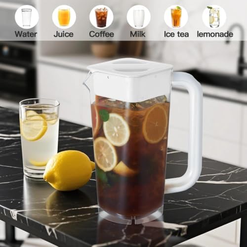 CURTA 4 Pack 2L/68 oz Plastic Pitcher with Lid & Handle, Large Capacity Water Jug with Measurement Marks, Clear Fridge Pitcher for Iced Tea, Juice, Lemonade & Cold Beverages