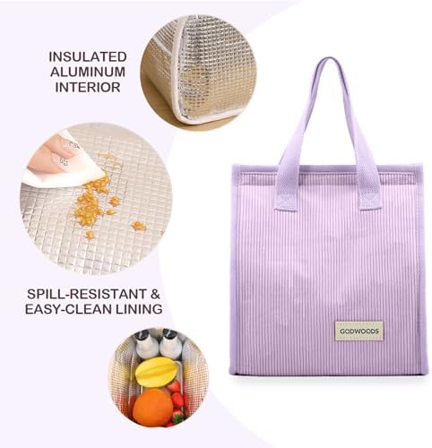 TELLUMO Corduroy Insulated Lunch Bag, 7.75L Large Capacity Reusable Lunch Box, Cute Lunch Tote for Women Men, Leakproof Lunch Cooler for Work Picnic Travel (Corduroy Purple)