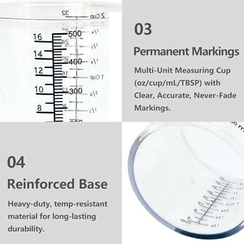 16 oz (2 Cup) Liquid Measuring Cup, Food-Grade Plastic Measuring Cup with Laser-Etched Markings, Clear Single Measuring Cup