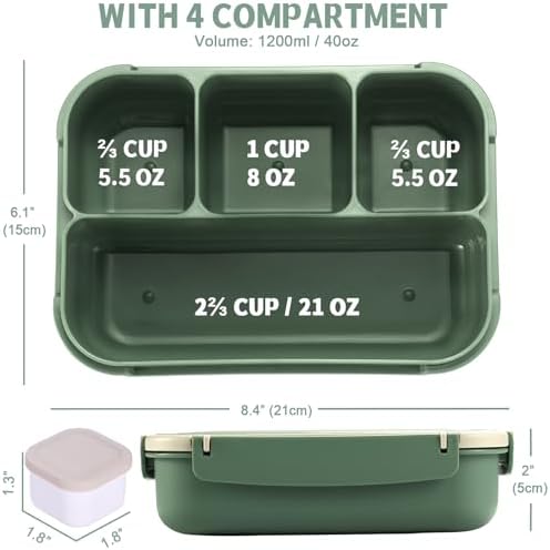 Bento Box Adult Lunch Box, Lunch Containers for Kids Girls Boys with 4 Compartments, Lunchable Food Container with Utensils, Sauce Jar, Muffin Liners, 40 Oz/5 Cup, Microwave & Dishwasher Safe, Green