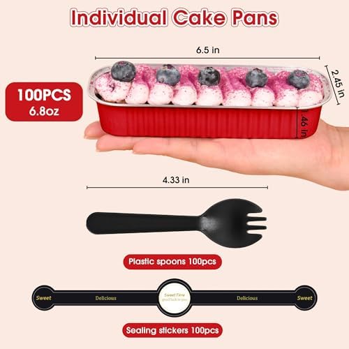 100 Pack Mini Cake Pans with Lids and Spoons, Disposable Aluminum Foil Cake Tins（6.8oz） Individual Small Cake Baking Containers for Party, Wedding, Birthday