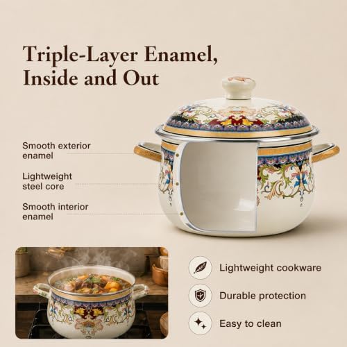 3.5 Qt Enamel Stock Pot with Lid, Floral Soup Pots for Cooking