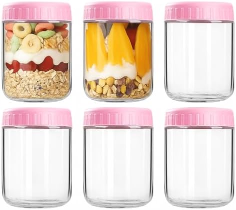 Overnight Oats Containers with Lids, 16oz Wide Mouth Mason Jars with Lids, 6 Pack Glass Jars with Airtight lid for Chia Pudding Yogurt Salad, Meal Prer Oatmeal Jars, Pink