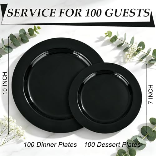 FLOWERCAT 200PCS Black Plastic Disposable Plates for Party - 10 "&7" Black Plastic Plates - Serve for 100 Guests for Summer Party & Birthday & Wedding&Halloween