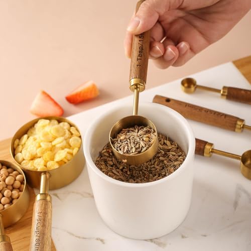 8Pcs Measuring Cups and Spoons Set - Golden Stainless Steel Measuring Cups with Wooden Handle, Metal Measuring Spoons Set Nesting Kitchen Measure Set for Kitchen/Food/Baking (8Pcs Wooden Handle)