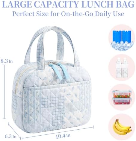 WOBAGMEN Quilted Lunch Box for Women,Coquette Aesthetic Lunch Box,Cute Blue Floral Patchwork Lunch Bags for Work,Office,Picnic,Travel(blue floral pin)