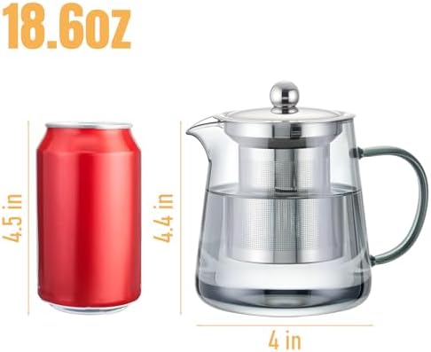 PARACITY Clear Teapot, Glass Kettle with Infuser, Tea Maker, 18.6 oz, Black