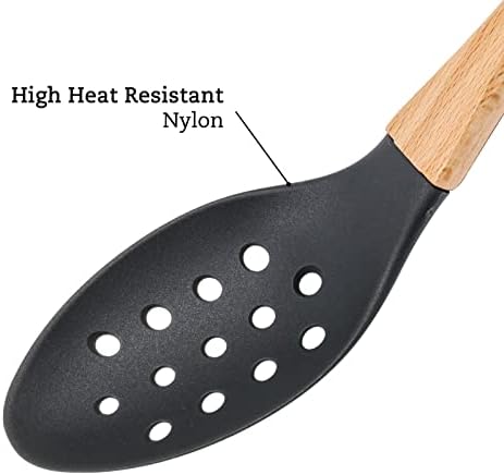 Beille Grey Nylon Slotted Spoon with Wooden Handle Kitchen Utensils High Heat Resistance, 13 Inch