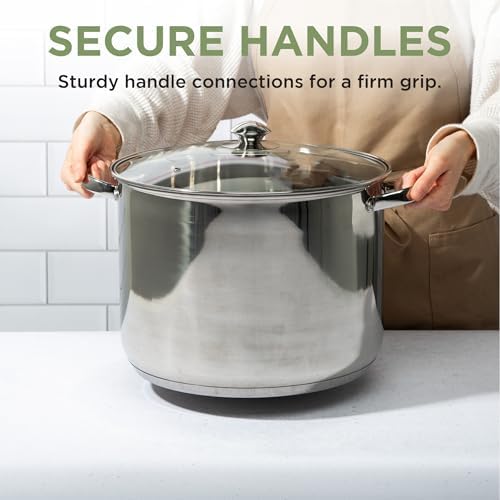 Ecolution Pure Intentions Stock Pot - Features Tempered Glass Lid, Keep Cool Handle, and Encapsulated Bottom - Oven Safe - Curbside Recyclable Stainless Steel - 16 Quarts