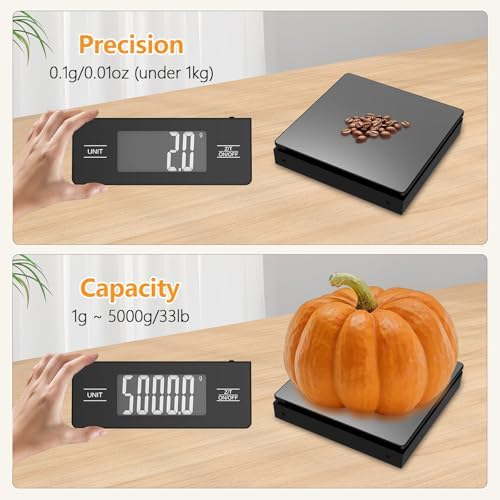 Wireless Detachable Display Digital Food Scale, 11lb/5kg, Solid Black 1g Precise Weighing, Tare & Backlit LCD, 304 Stainless Steel Surface, Ideal for Coffee Brewing, Baking & Daily Meal prep