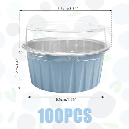 100Pcs Aluminum Cups with Lids,5oz Disposable Ramekin Baking Cups Muffin Liners Mini Pie Pans Foil Cupcake Containers for Christmas Party Wedding Party,Sky Blue