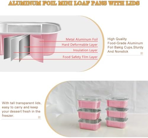 Mini Cake Pans With Lids And Spoons,5.5 oz Rectangle Mini individual Loaf Pans Disposable Aluminum Foil Small Baking Cups Tins (200, Pink)