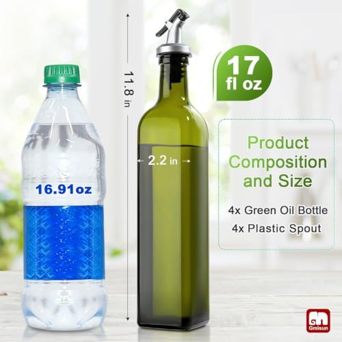 gmisun Olive Oil Dispenser Bottle for Kitchen, 4 Pack 17 Fl Oz Green Glass Oil Dispensers Bottles, Cooking Vegetable Oil Dispenser Container Cruet Set with Plastic Pourer Spout